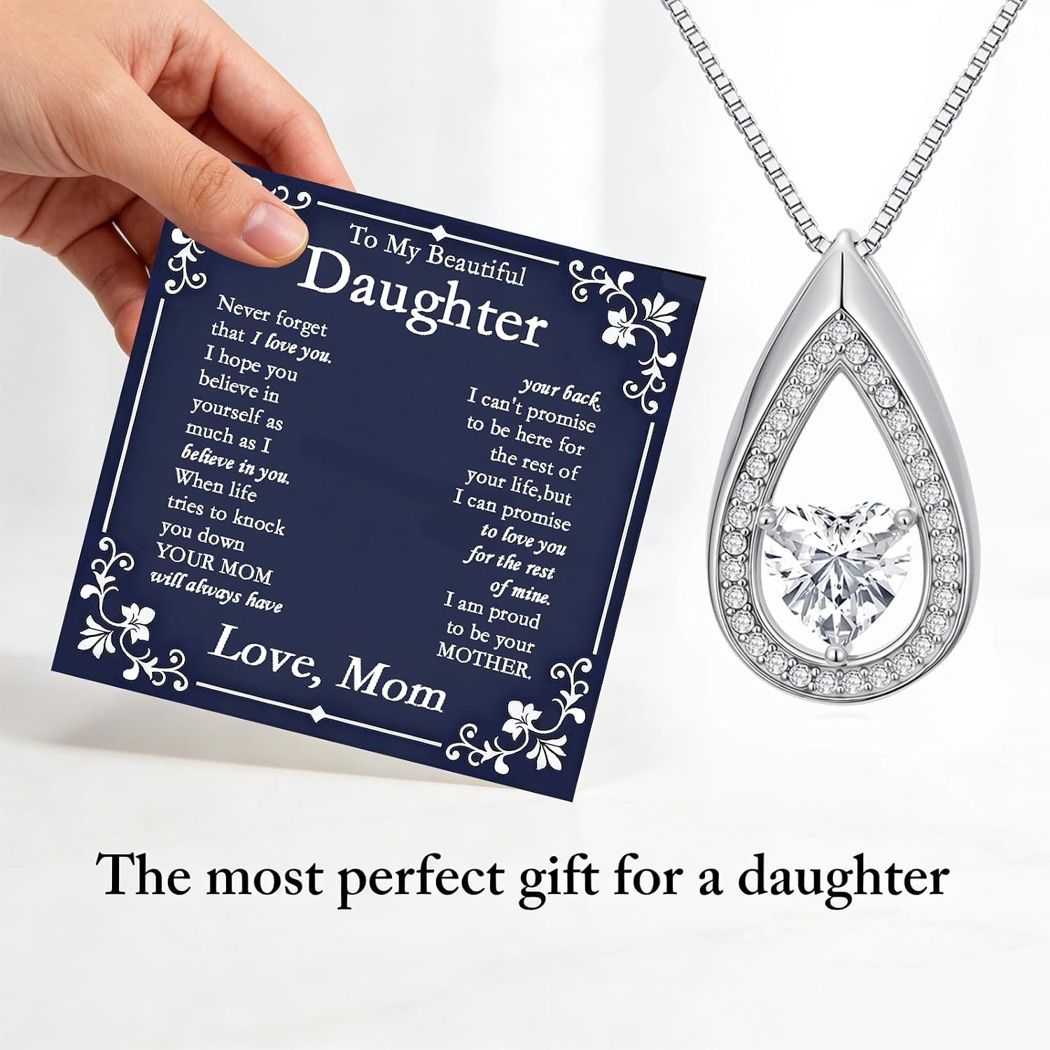 POIUY To My Beautiful Daughter Necklace from Dad or Mom – 18K White Gold Pendant with Message Card and Gift Box, Meaningful Jewelry Gifts for Birthday, Mothers Day, Christmas or Graduation