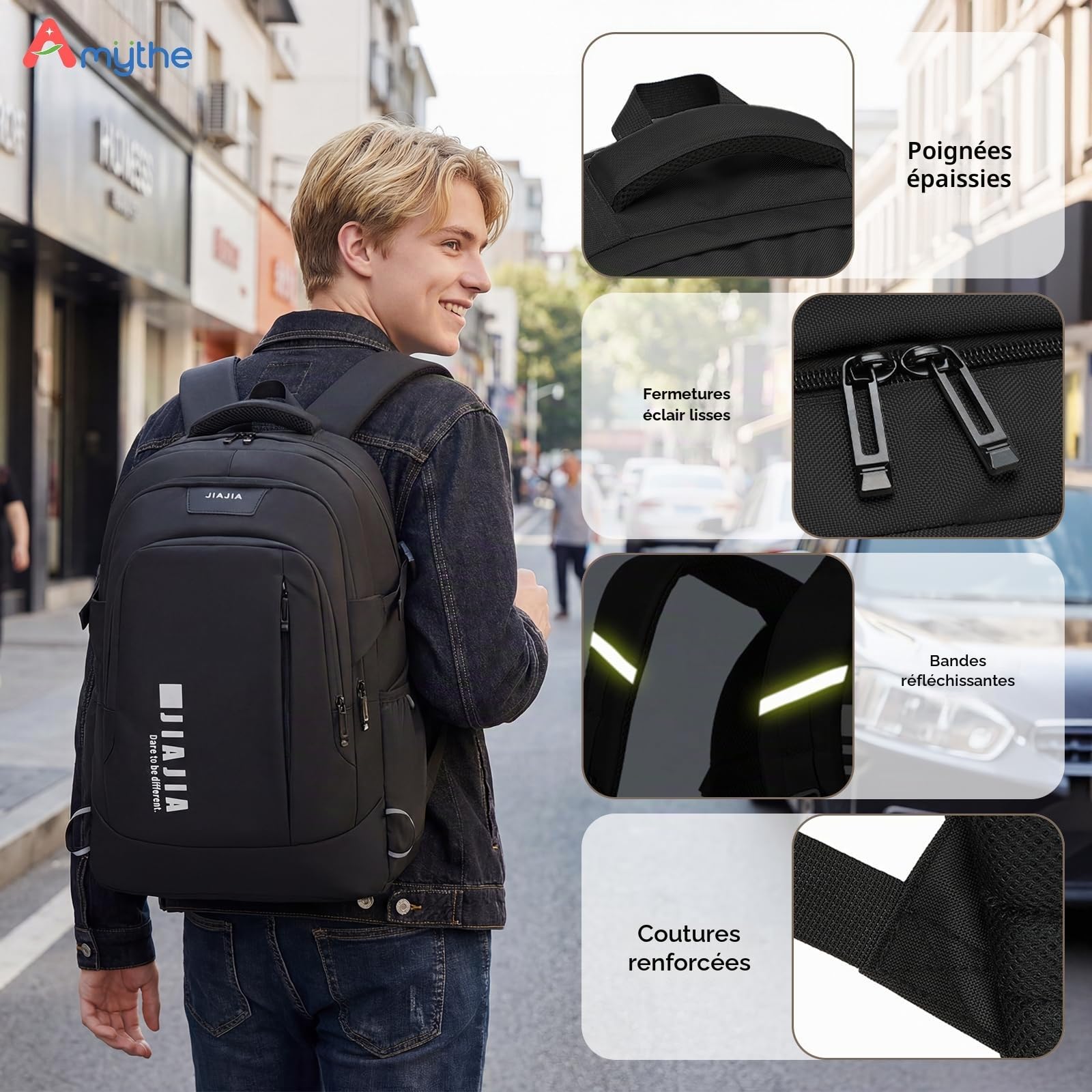 Amythe Cartable Garçon Collège Lycée - Grand Sac à Dos École 27L Ergonomique pour Ordinateur 15.6" - Sac à Dos Loisir Imperméable pour Adolescent et Hommes -Noir