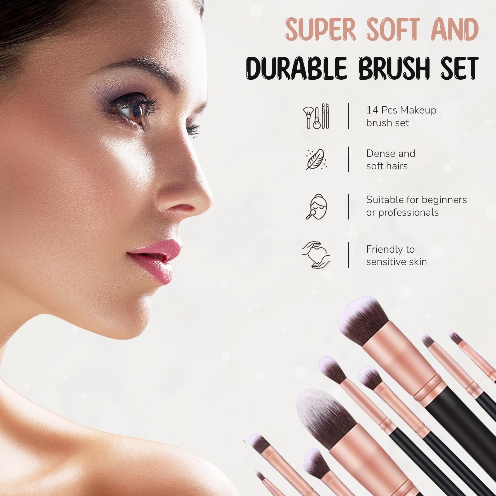 D.sirez Professional Makeup Brush Set- 14 piece Luxury Vegan Makeup Brush Set including Holder, Black & Rose Gold, Varies - Image 3