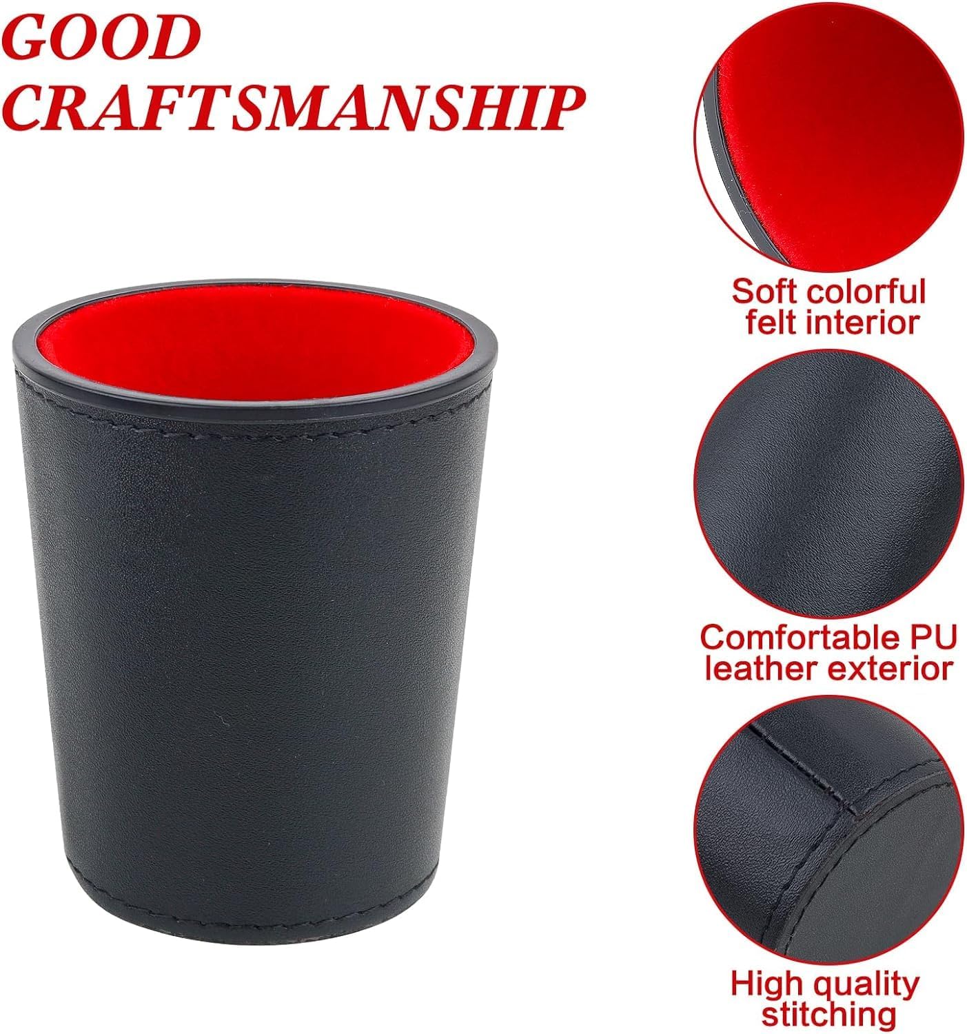 Leather Dice Cup, Quite Felt-Lined Interior, 6 Shaker Cups and 30 Dot Dices, one Carry Bag (Black and Red)