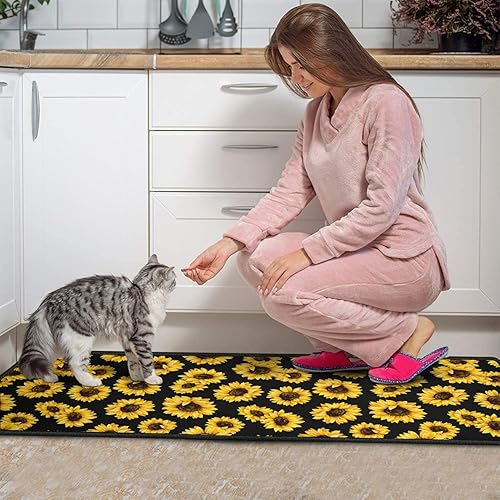 Miniatura 6 de Roszwtit Juego de 2 alfombras y tapetes de cocina con girasoles negros, con respaldo antideslizante, juegos de cocina de bajo perfil, lavables para