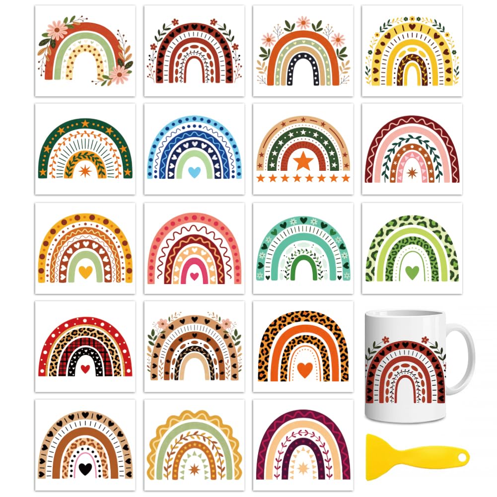 Peacoblue 18 Sheets Rub on Transfers for Crafts, Bohemian Rainbow 3.6"x3.9" UV DTF Cup Wraps Waterproof Cold Transfers Stickers for Wood Glass Metal Cup Tumblers Mirrors Mugs Home Decor