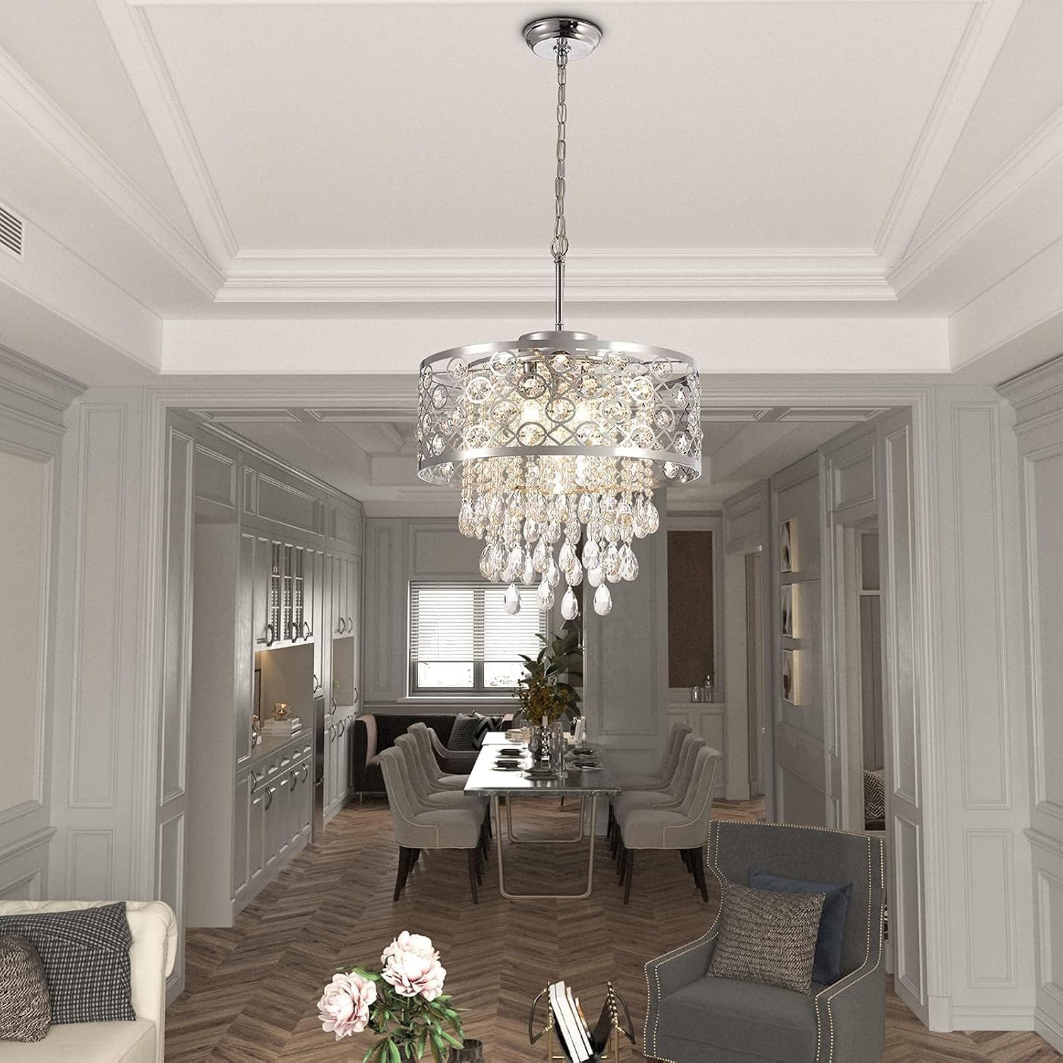 Maxax Modern Crystal Raindrop Chandelier 5-Light Chrome Pendant Hanging Light - Creating Timeless Elegance and Illuminating Luxury for Dining Room Living Room Kitchen (ETL Certified)