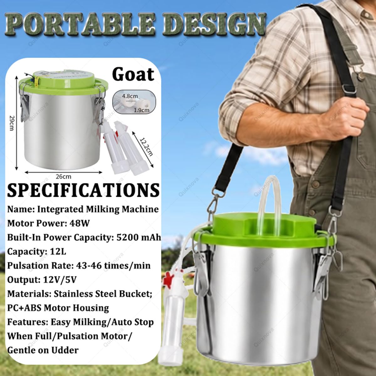 Mungitrice elettrica a pulsazione sottovuoto per capre e mucche, portatile e ricaricabile (12 L), con secchio in acciaio inox e funzione di arresto automatico per piccole aziende agricole Goat
