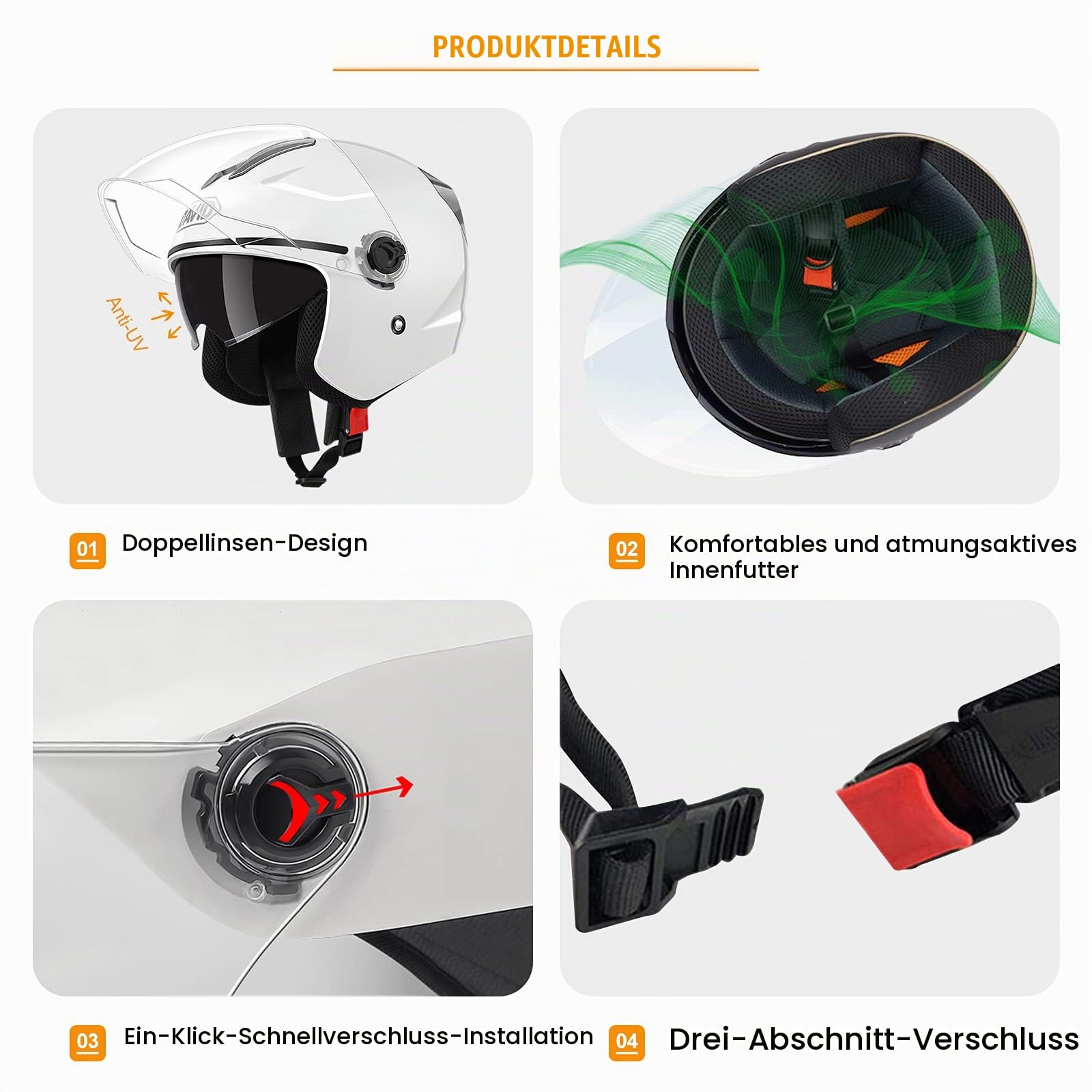 Helm Für Erwachsene Mit Doppelvisier, 7-Absätze-Sicherheitsschnalle, Abs-Schale Kombiniert Mit Eps-Pufferschicht Für Besseren Fahrschutz
