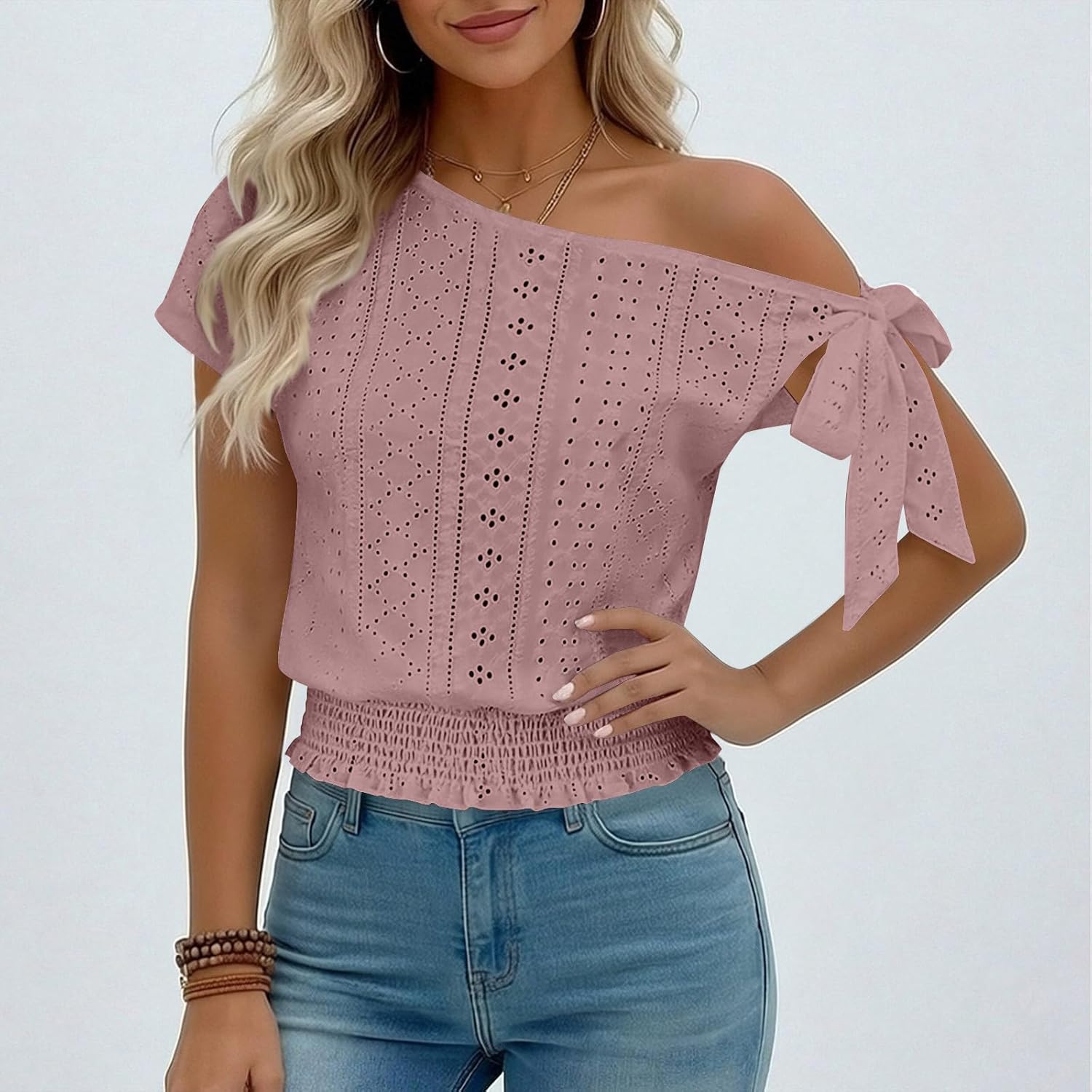 Women's One Shoulder Eyelet Top Tie Bow Short Sleeve Asymmetrical Neck Blouses Smocked Hem Summer Fashion Tops
