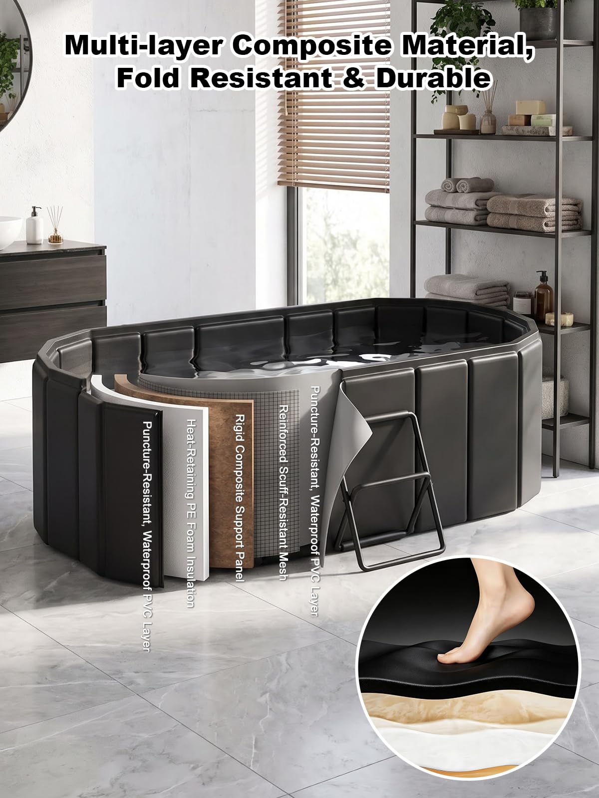 Cheeron Bañera portátil plegable para adultos de 59 pulgadas, bañera de