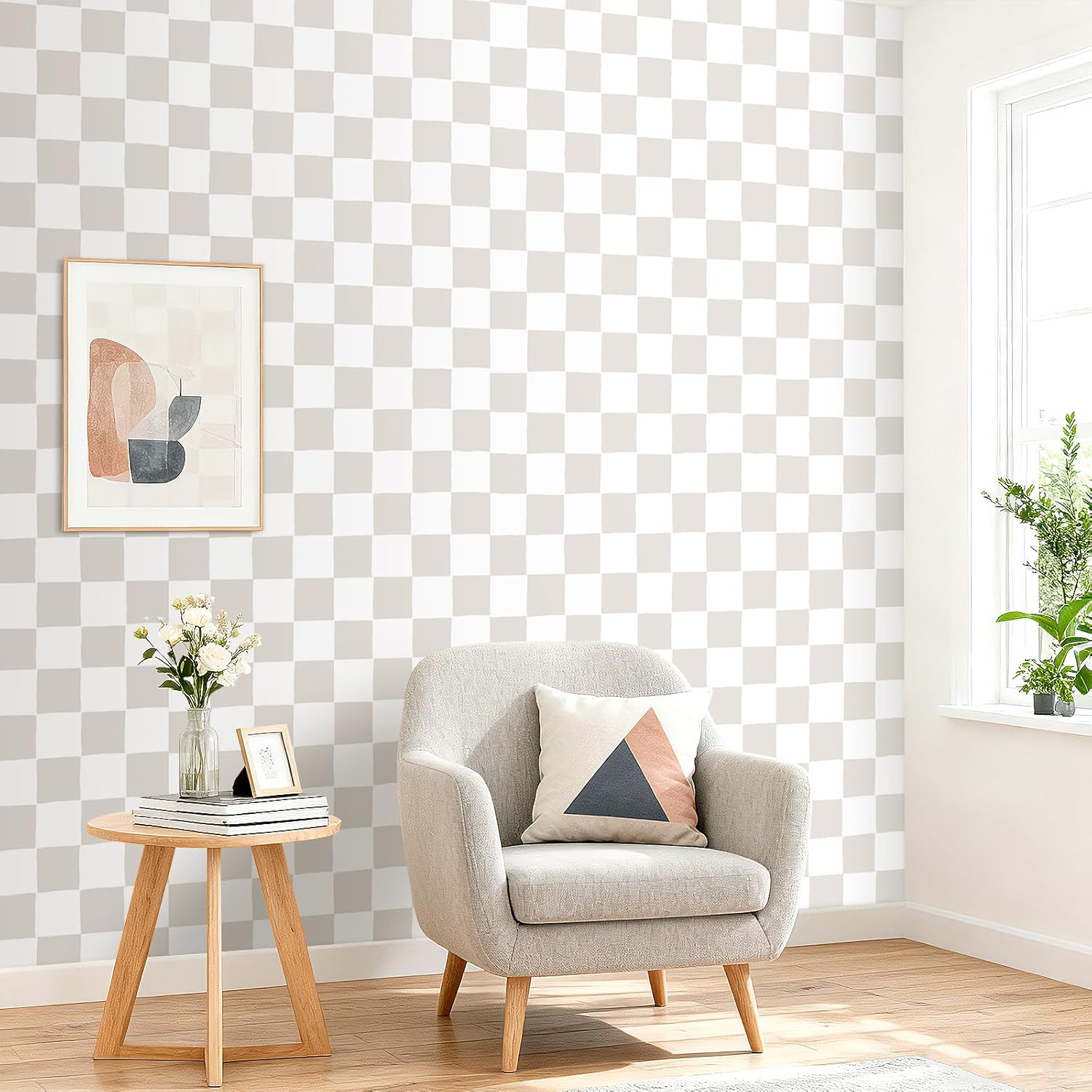 17.5x393 Neutral Checkered Peel and Stick Wallpaper Plaid Beige White Tan Farmhouse Plaid Wallpaper for Nursery Bedroom Kitchen Renter Friendly Checkered Contact Paper Waterproof Adhesive