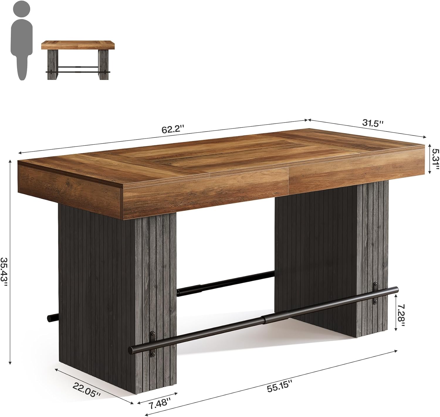 Tribesigns 62.2 Inch Bar Table, Industrial Counter Height Pub Dining Table, Rectangular Home Bar Units with Metal Footrest for Home Kitchen, Dining Room, Bistro, Brown and Dark Grey