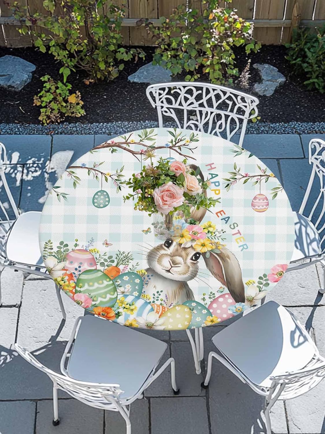 Easter Round Tablecloth Flowers Bunny Easter Egg Elastic Fitted Round Table Covers Branch Leaf Blue Plaid Waterproof Outdoor Table Cover for Party/Patio/Dining Table Cloth, Fits up to 36"-44"