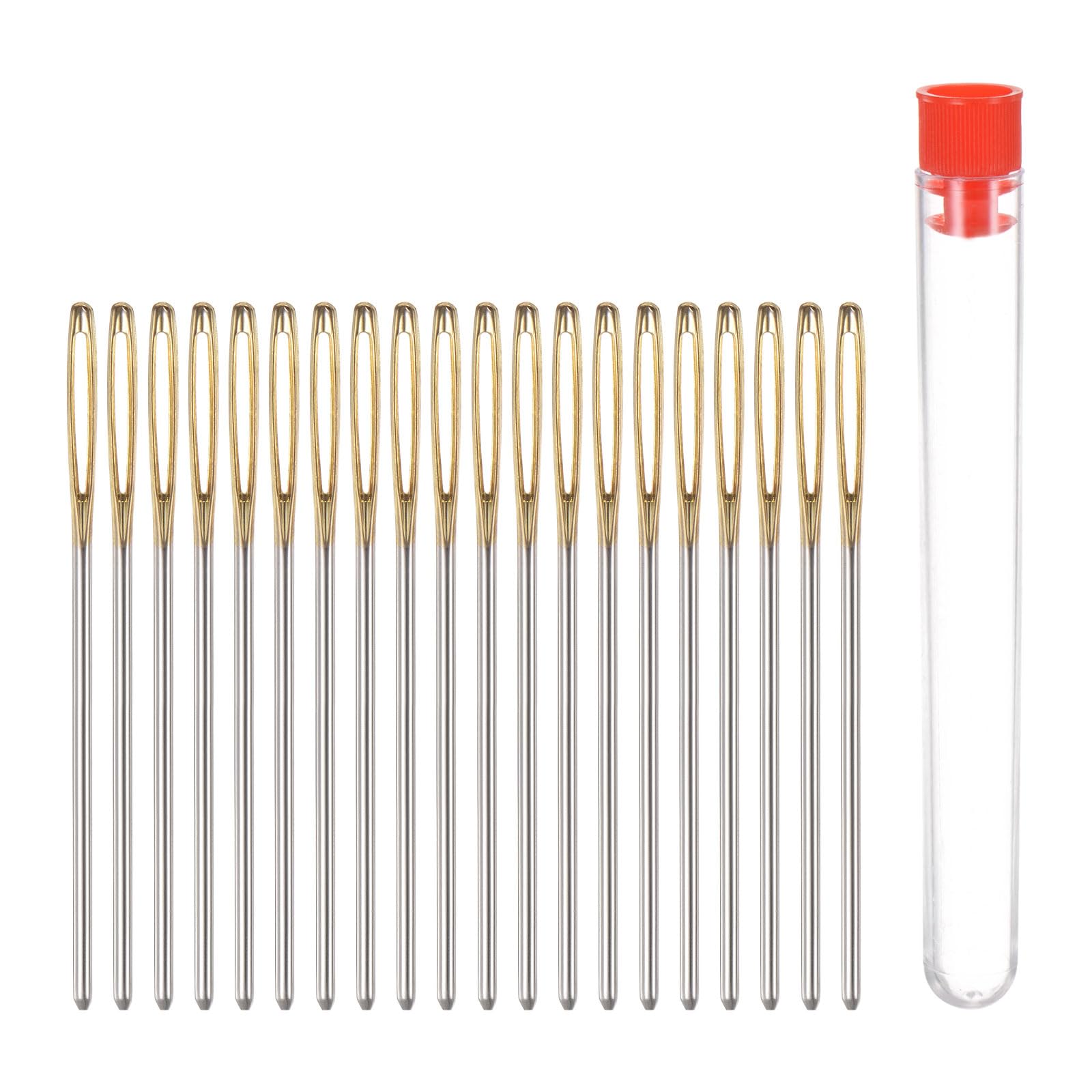uxcell 20pcs Large Eye Blunt Sewing Needles 2mm Dia Darning Needles Stainless Steel Tapestry Needles Yarn Knitting Needles with Storage Tube for Crochet, Leather Work, 2.76Inch, Golden