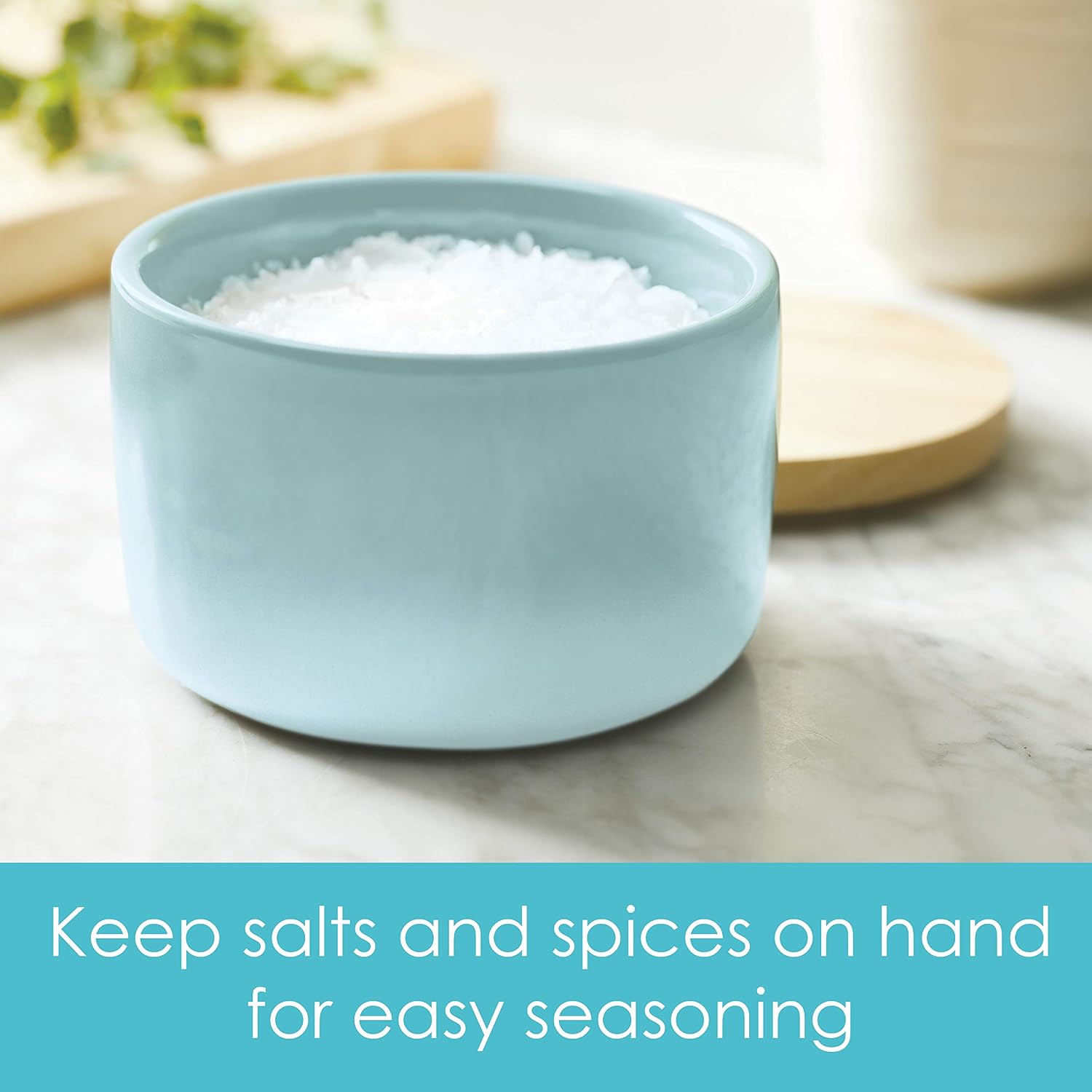 Rachael Ray Solid Glaze Ceramics Salt and Spice Box with Wood Lid for Seasoning, Cooking, Serving, 9 Ounce, Light Blue Ombre