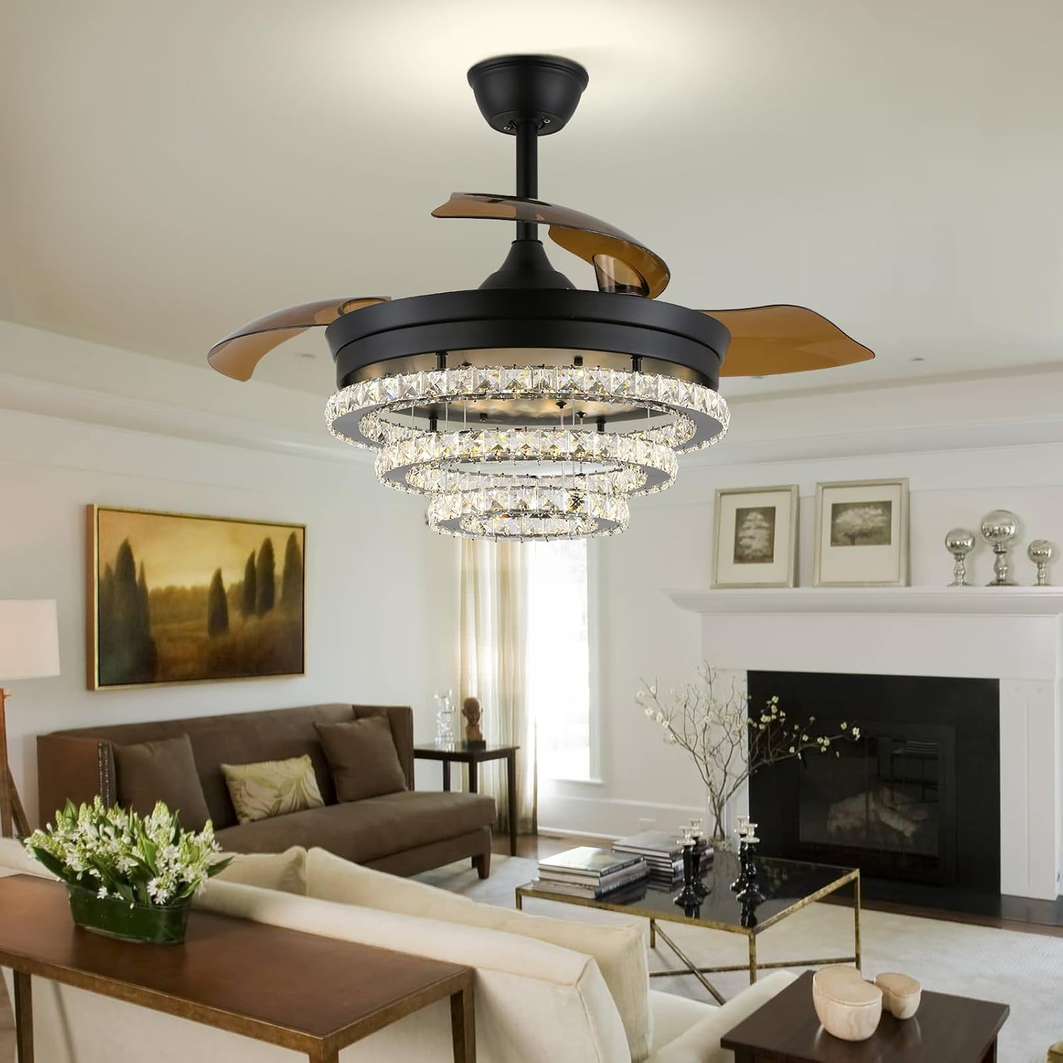 42 Black Dimmable LED Fandeliers Crystal Chandelier Ceiling Fan with Lights Modern Invisible Crystal Fan 3 LED Color Change with Memory Function