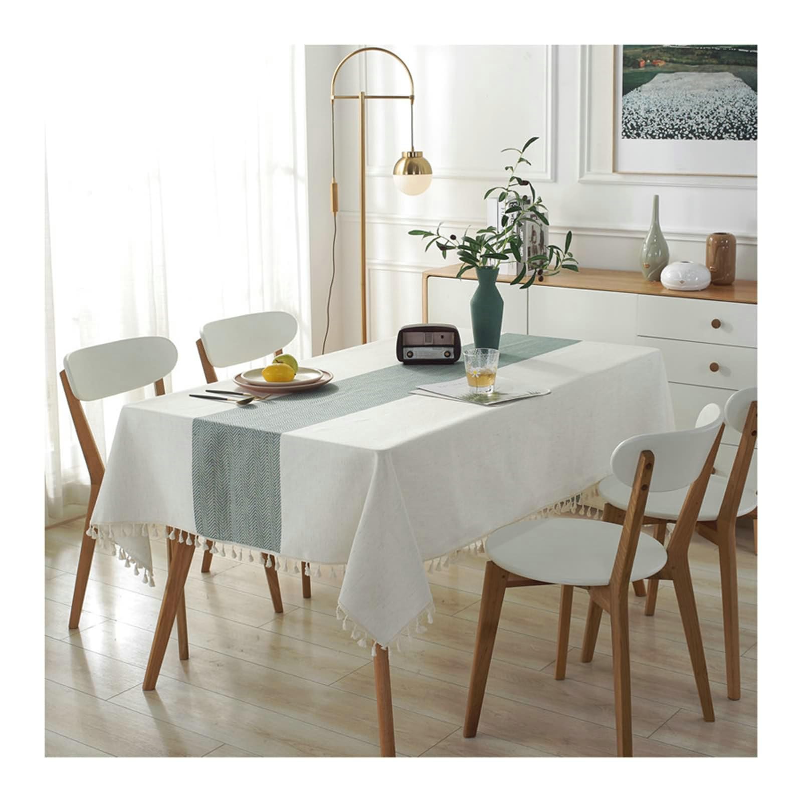 Gualiy Mantel Mesa Comedor Rectangular, Lino Poliéster Manteles Mesa Cafe 140x200CM Mantel Antimanchas Salon Rayas Onduladas con Borlas Manteles para Mesa Cocina, Verde