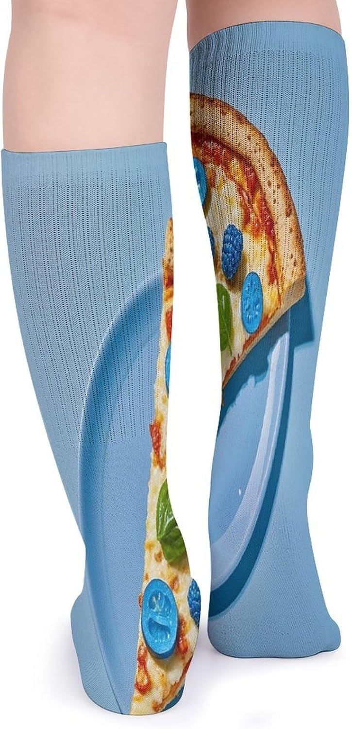 Light Blue Pizza Slice Crew Socks Cozy Casual Calf Socks Lightweight Long Work Sock Breathable Athletic Sock for Hiking Sports Running 5 Pairs