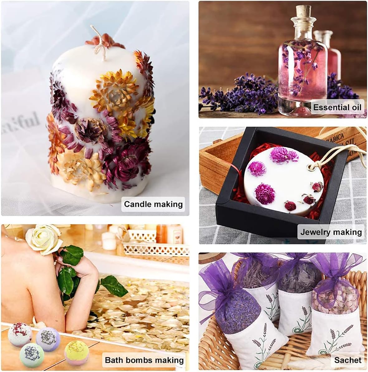 LKXHarleya 9 Pack Natural Dried Flower and Herb Set, Multiple Dry Flower Herbs Kit for Soap Making, Candle Making, Bath