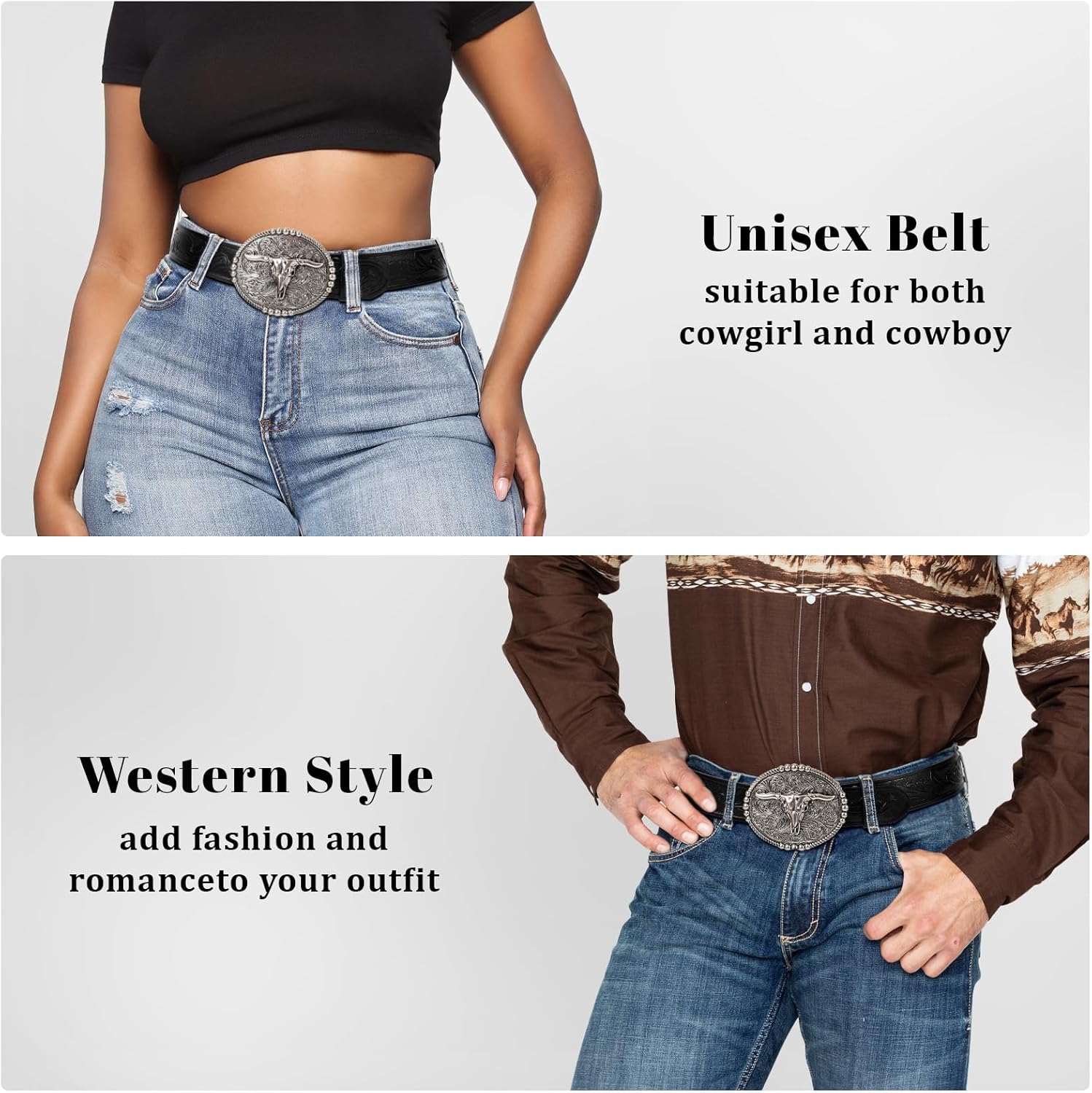 SANSTHS Cowboy Belts for Men Women, Western Leather Belt with Big Buckles Mexican Country Black Longhorn Bull Belt for Jeans - Image 4