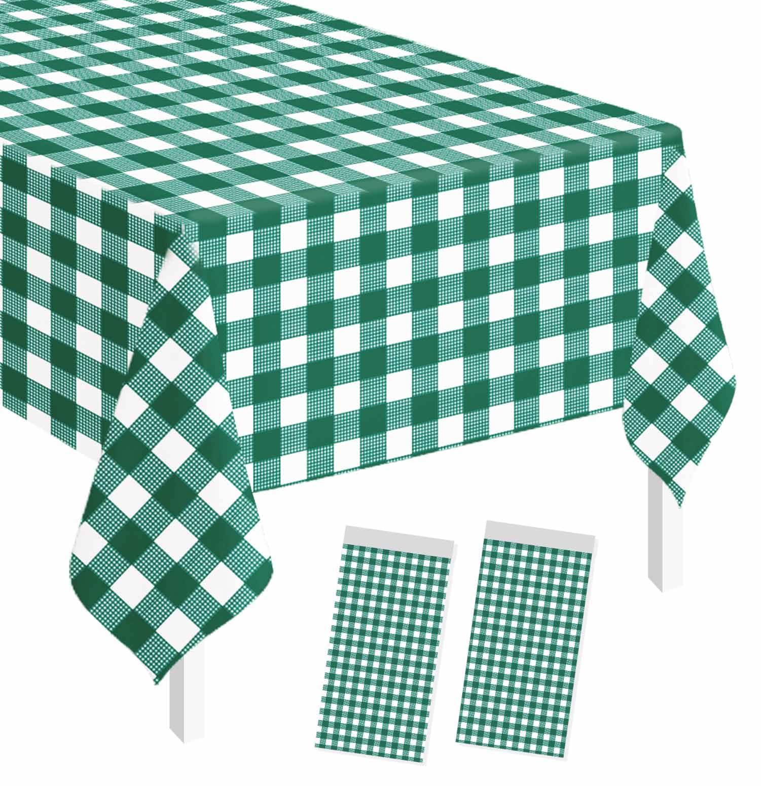 SietDESEO 2 Pack Green Gingham Tablecloth Rectangle 54 x 108 Green and White Checkered Table Cloth Disposable Plaid Table Cover Plastic for Birthday Baby Shower Picnic Wedding Party Supplies