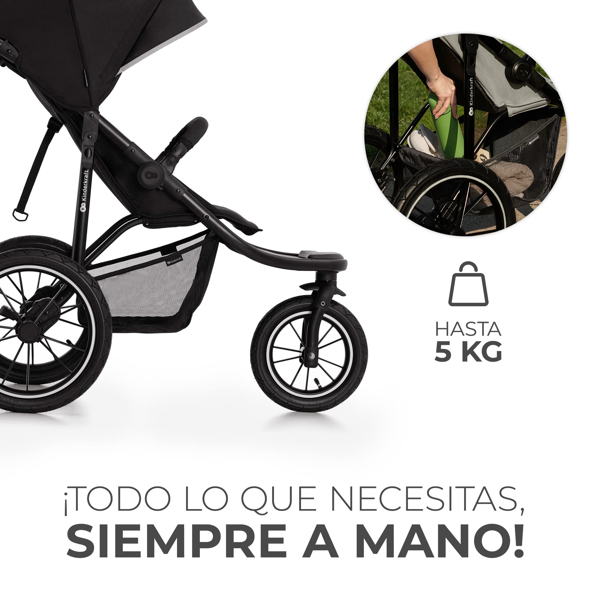 Kinderkraft HELSI, Jogger, Silla de Paseo, Para Bebés, 3 Ruedas, Para cada Terreno, Desde el Nacimiento hasta 22 Kg, Rueads Neumaticas, Off Road, Cesta Grande, Negro