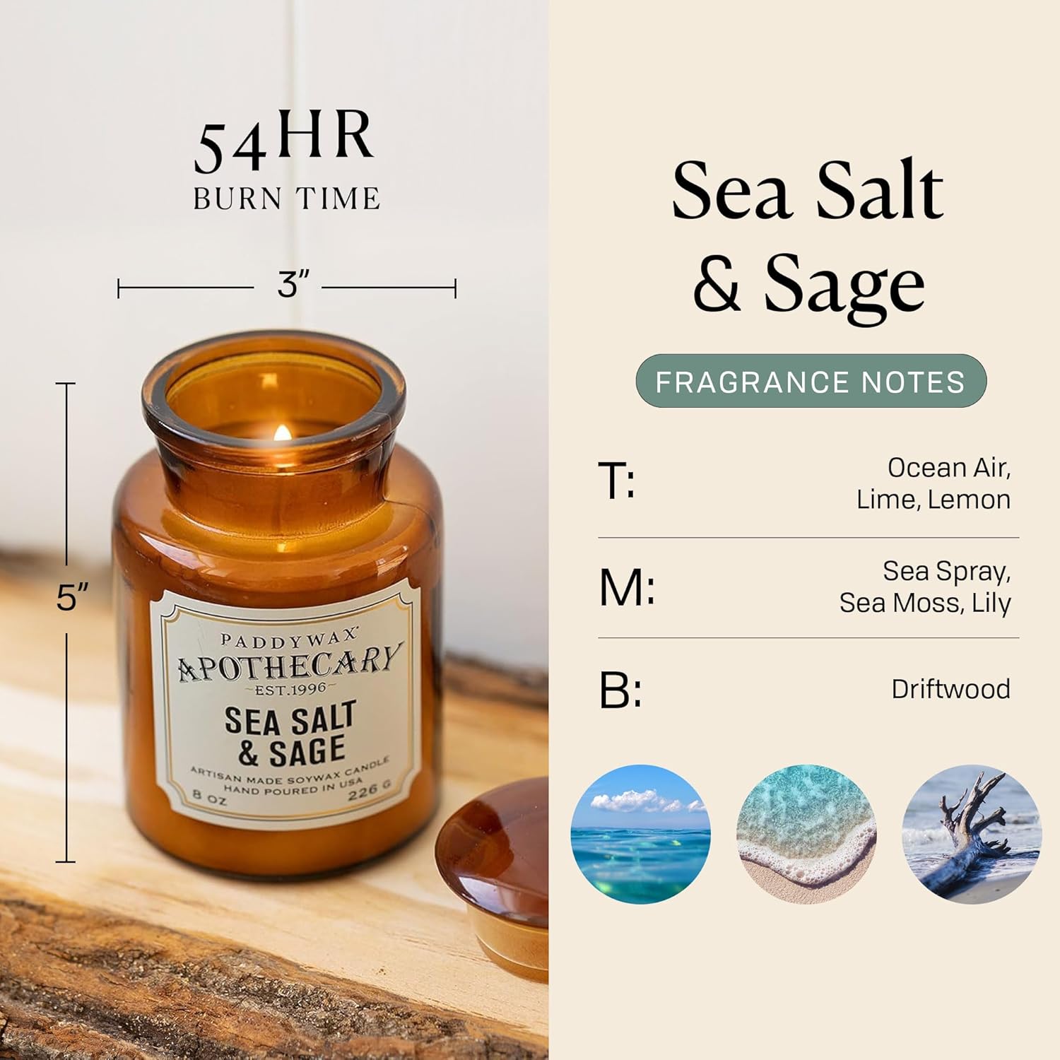Paddywax Artisan Apothecary Scented Candle with Lid in Reusable Glass Jar, Clean-Burn Soy Candle with Approx. 54 Hour Burn Time, Sea Salt & Sage, 8 oz.