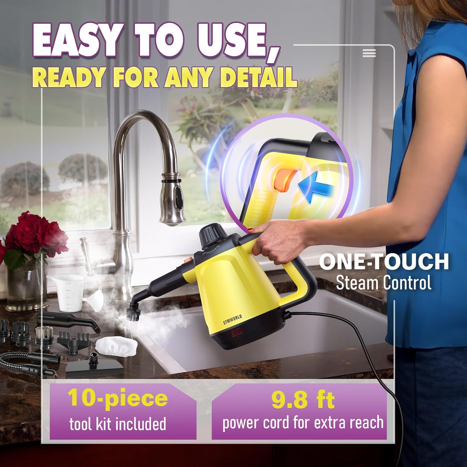 Steam Cleaner, Deep Cleaning Steam Cleaner for Home, 1200W Handheld Steam Cleaner with 10 Tools, Natural Steamer for Cleaning, Handheld Steamer for Bathrooms, Kitchens, Windows, Shower, Grout,Tile,Car - Image 4