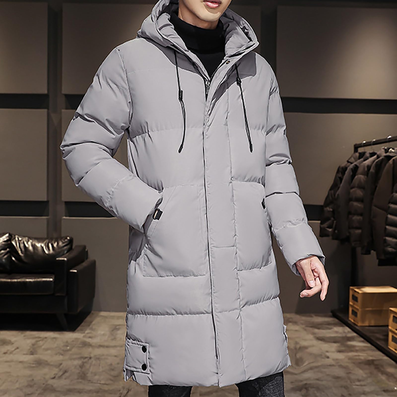 Generisch Chaqueta de invierno para hombre, chaqueta larga de plumón, chaqueta cortavientos, abrigo de plumón de invierno, ligero, plegable, abrigo acolchado con capucha, chaqueta de entretiempo