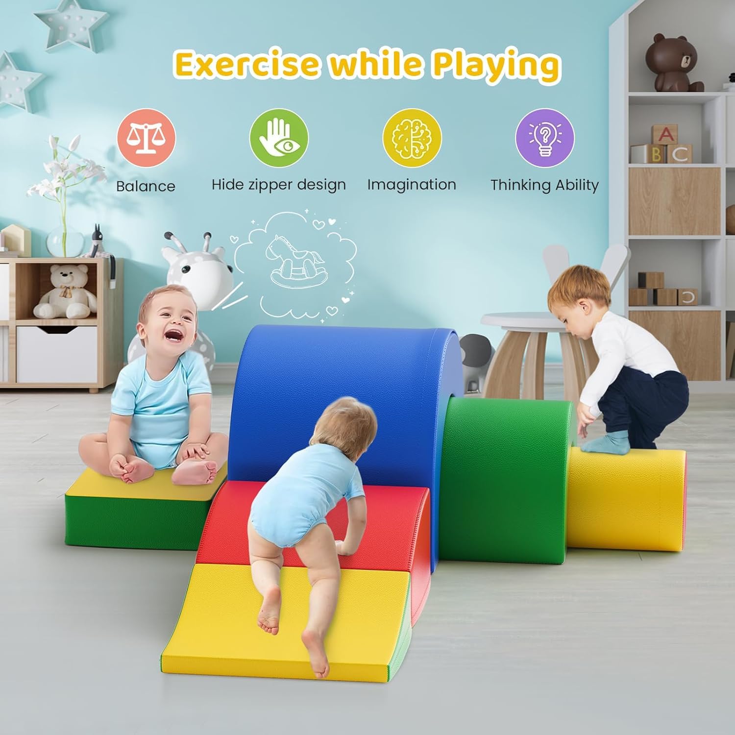 5-teiliges Weiches Baby Kletter-Set mit Krabbeltunnel & Rutsche, Motorikspielzeug ab 1 Jahr, Bunte Schaumstoff-Bausteine für Kinder, Sicher & Leicht, Fördert Kreativität & Bewegung