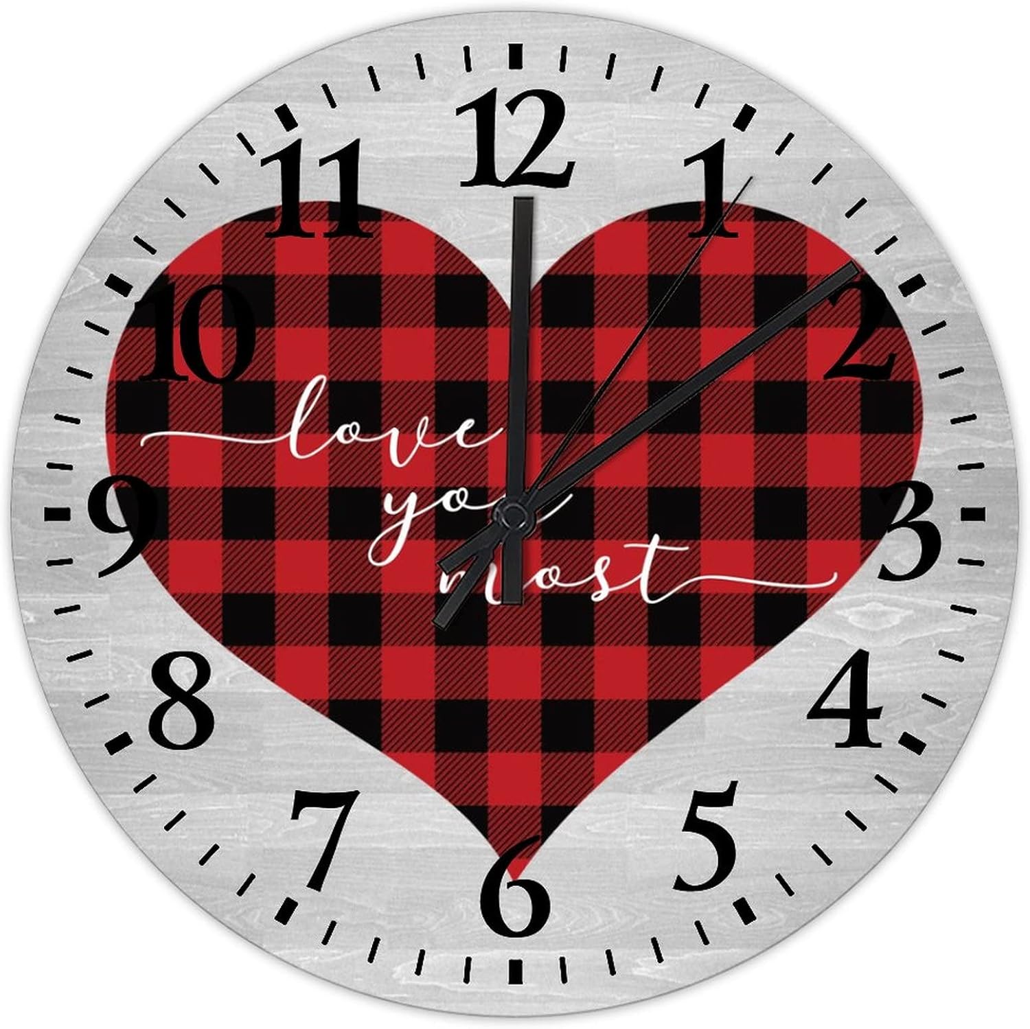 15 Inch Valentine's Day Love You Most Clock Wood Silent Non Ticking Rustic Red Black Buffalo Check Plaid Love Quote Silent Wall Clock Arabic Numbers Round Clock for Home Office School