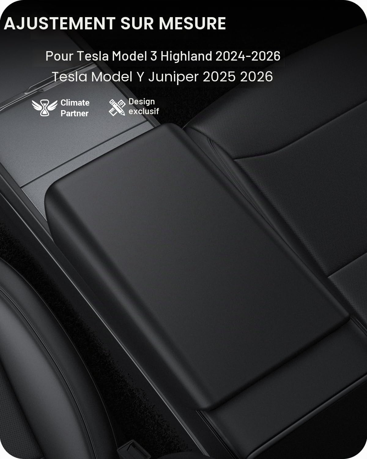 BASENOR Housse de Console Centrale Améliorée Tesla Model Y Juniper 2025-2026 & Model 3 Highland 2024-2026, Housse Accoudoir TPU Antidérapante [sans Logo] Protection Noir
