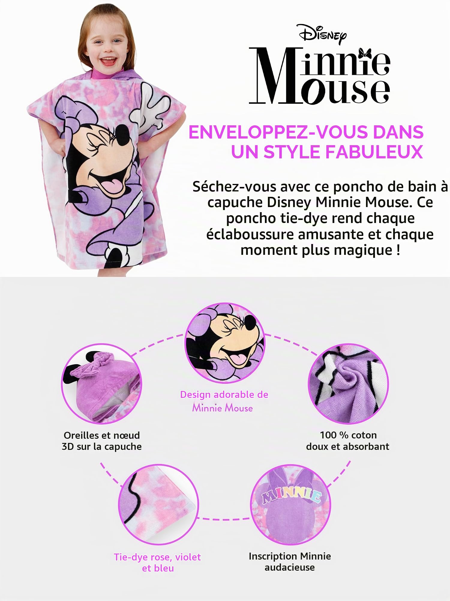 Disney Minnie Mouse Poncho De Bain Enfant | Serviette De Plage Minnie Mouse | Serviette De Bain | Taille Unique Rose