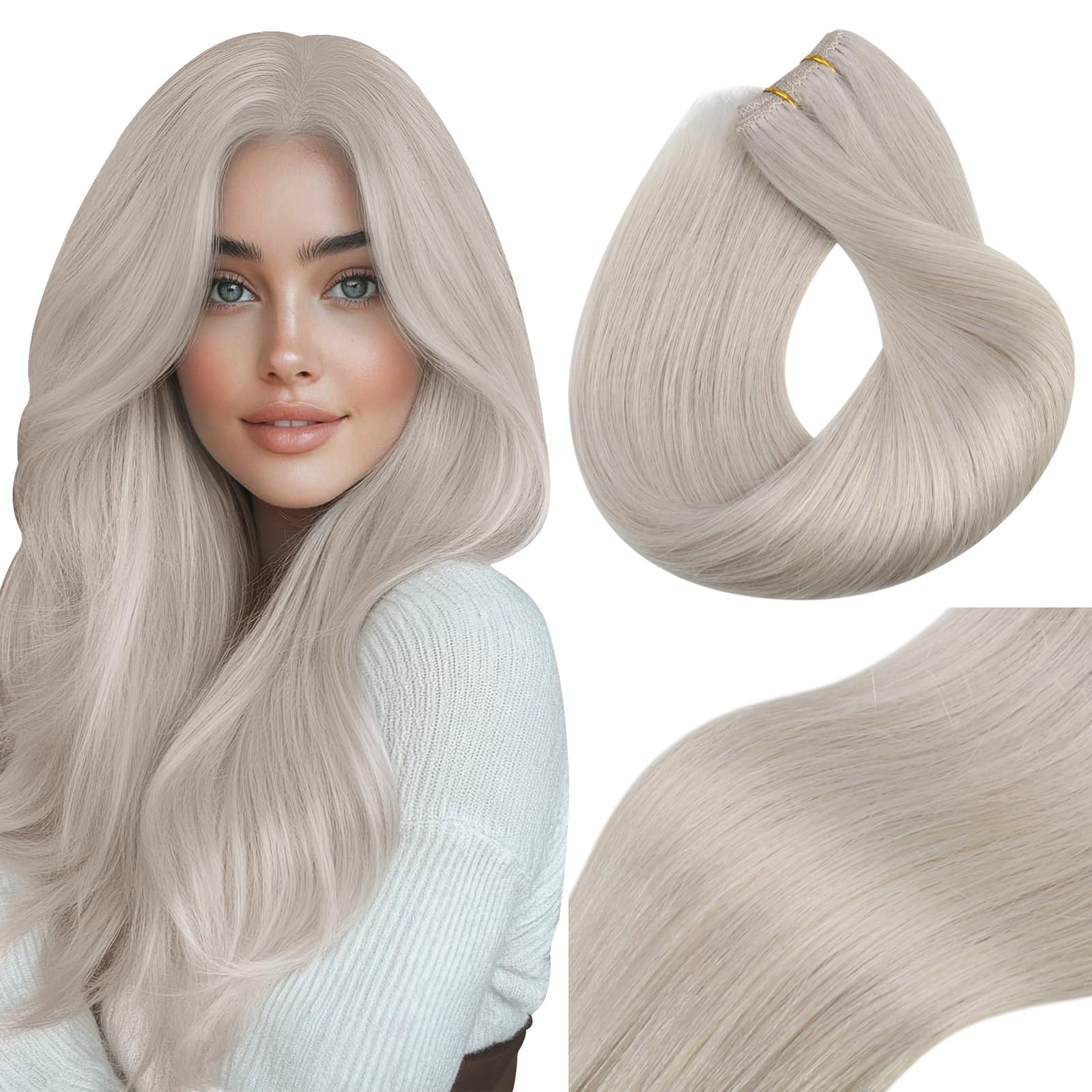 Vivien Extensions Echthaar Tressen Blond 45cm Remy Menschliches Haar Extensions Weft Platinblond für Frauen 100g #60