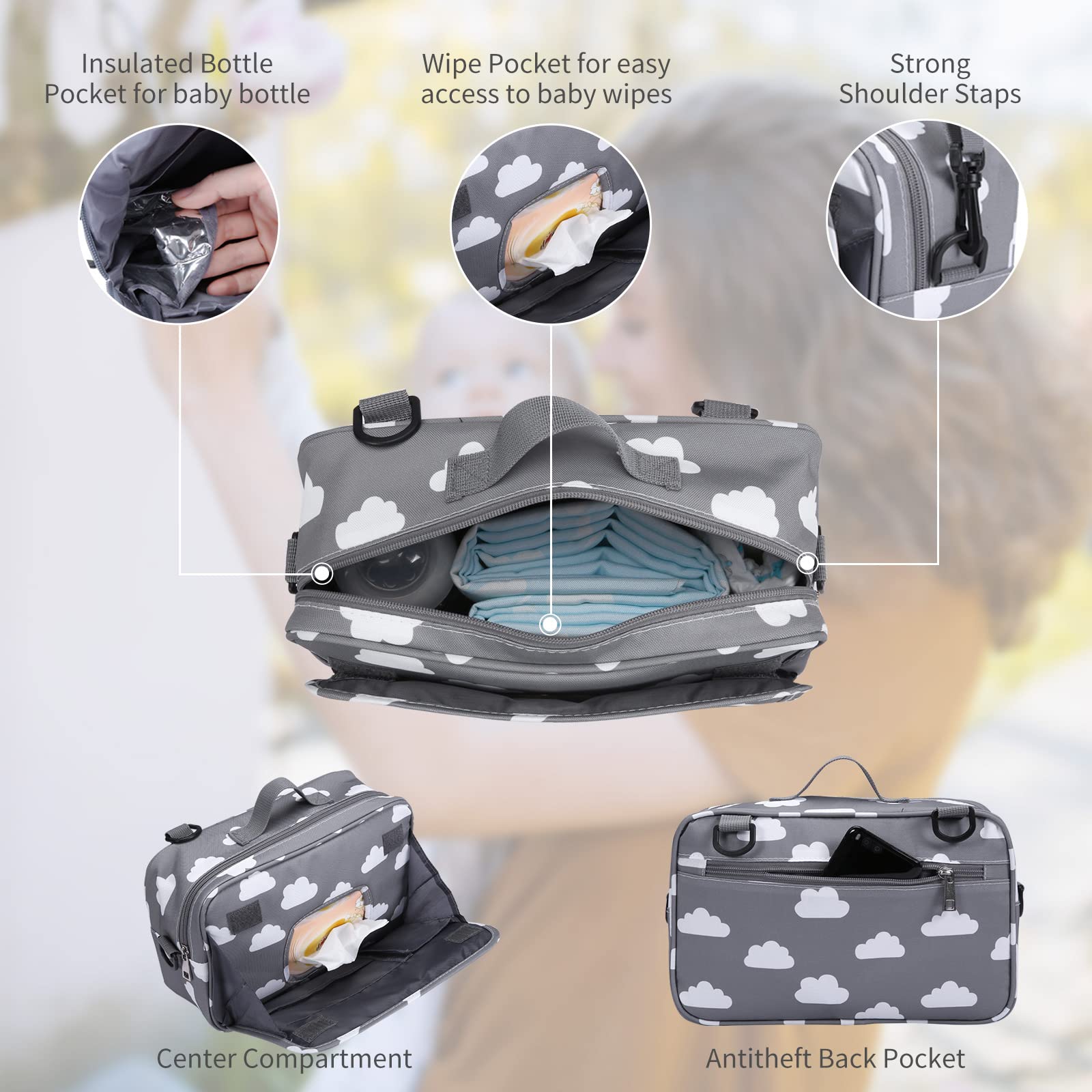 Rutschfester Kinderwagen-Organizer für Windeln mit isolierter Tasche, Kinderwagenhaken und verstellbarem Gurt, universell passend für alle Kinderwagen, Grau