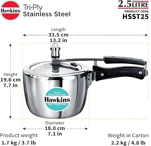 Miniatura 8 de HAWKINS Olla a presión de acero inoxidable 188 de 2,5 litros, tapa interior, plata (HSST25)