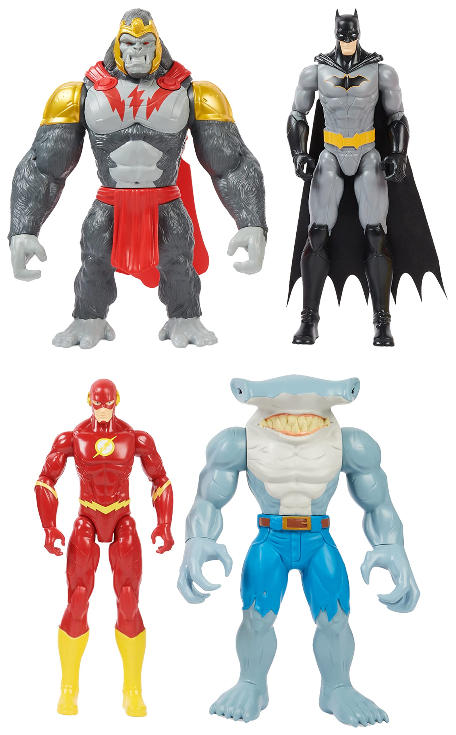 DC Comics, Pack de 4 Figuras Batman vs. Gorilla Grodd, Figuras de acción de 30 cm (Batman, The Flash, Gorilla Grodd, King Shark), Juguetes para niños y niñas a Partir de 3 años
