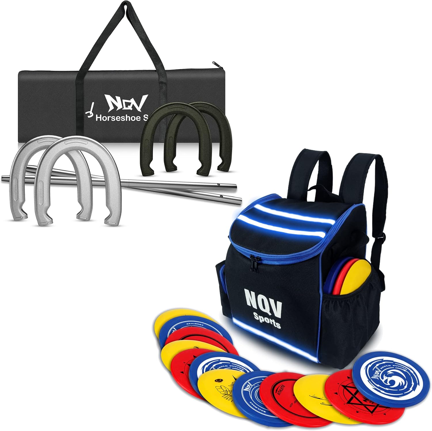NQV Horseshoe Tossing Game Kit & Disc Golf Set 6 pcs with Blue Bag Sports & Outdoors