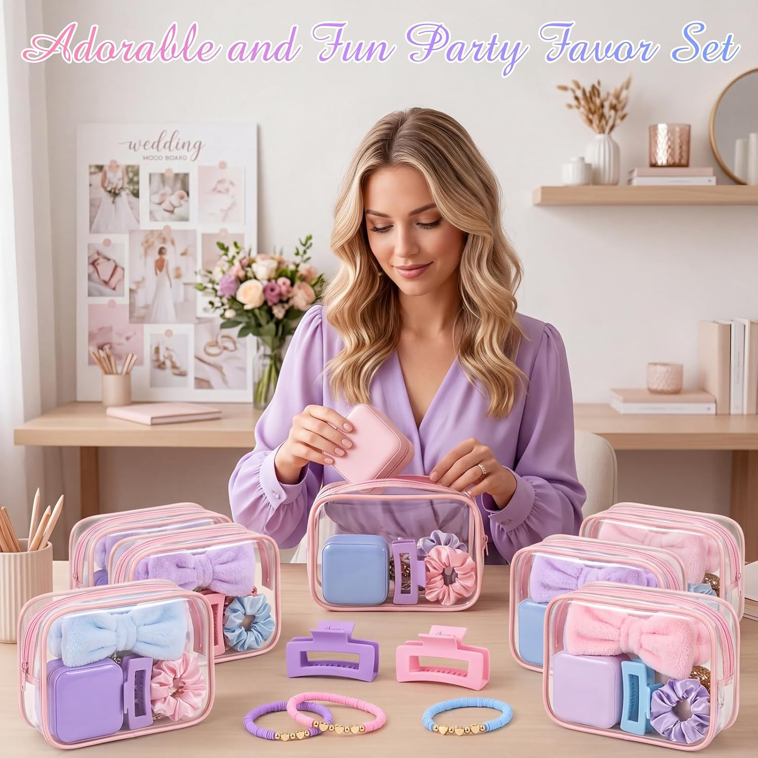 Liliaafar 36 Pcs Teen Girl Party Favors Preppy Gifts Sets Bulk 6 Friendship Bracelets 6 Bow Spa Headband 6 Scrunchies 6 Hair Clip 6 Jewelry Cases 6 Makeup Bags for Women Friend Gift(Pink Blue Purple)