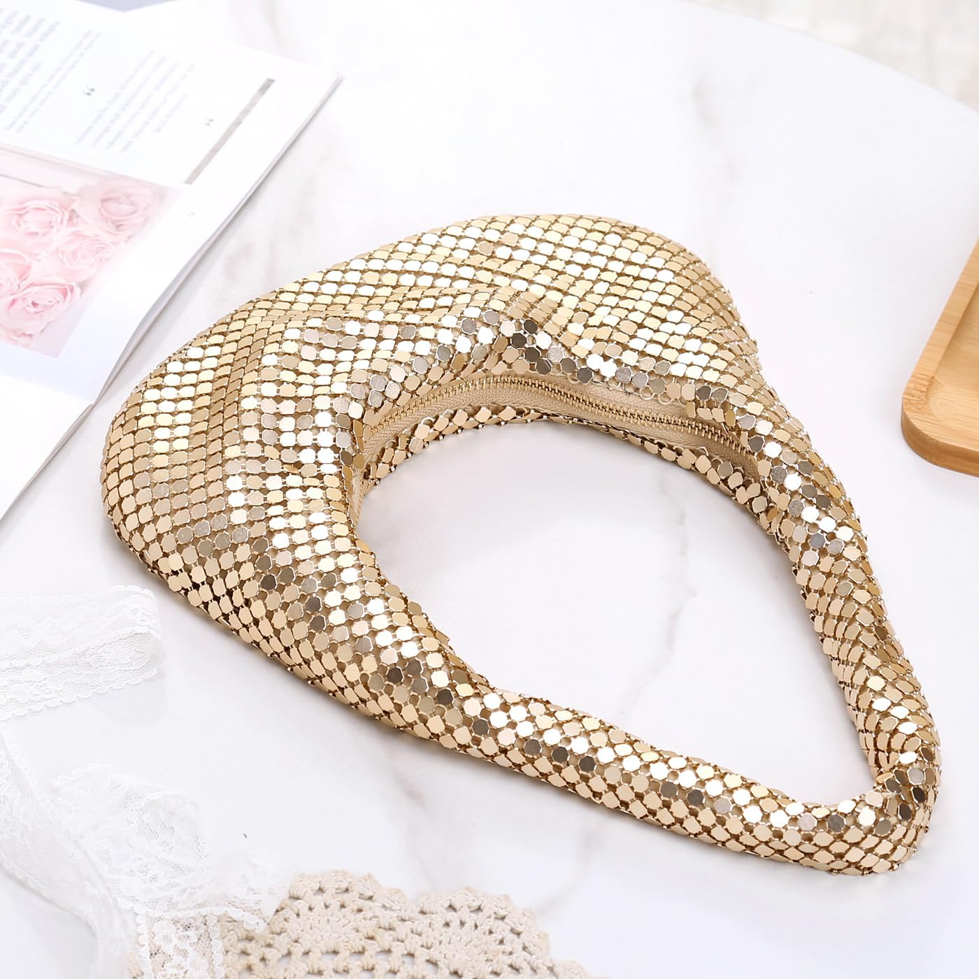 Afashor Womens Metallic Evening Bag Cute Hobo Handbag Fashion Shiny Moon-shaped Shoulder Purse - Image 5