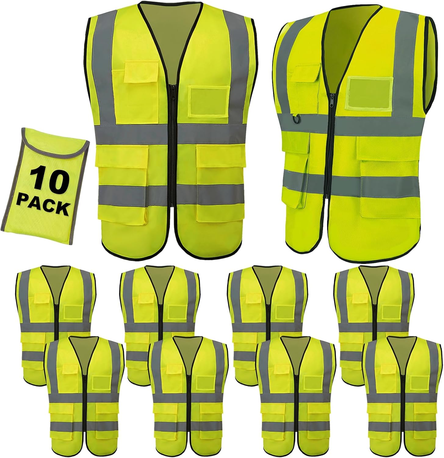 Lavori-AK 10 Pack Reflective Safety Vests with Pockets & Zipper, High ...