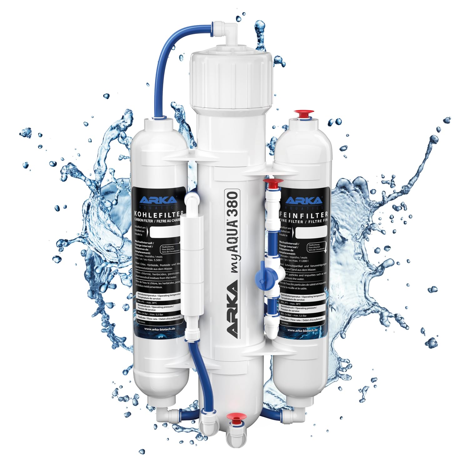 ARKA myAQUA® 380 system odwróconej osmozy na 380 l dziennie. Filtr wody i zmiękczacz do 99% zanieczyszczeń, sól i bakterie z wody. Idealny do każdego gospodarstwa domowego.