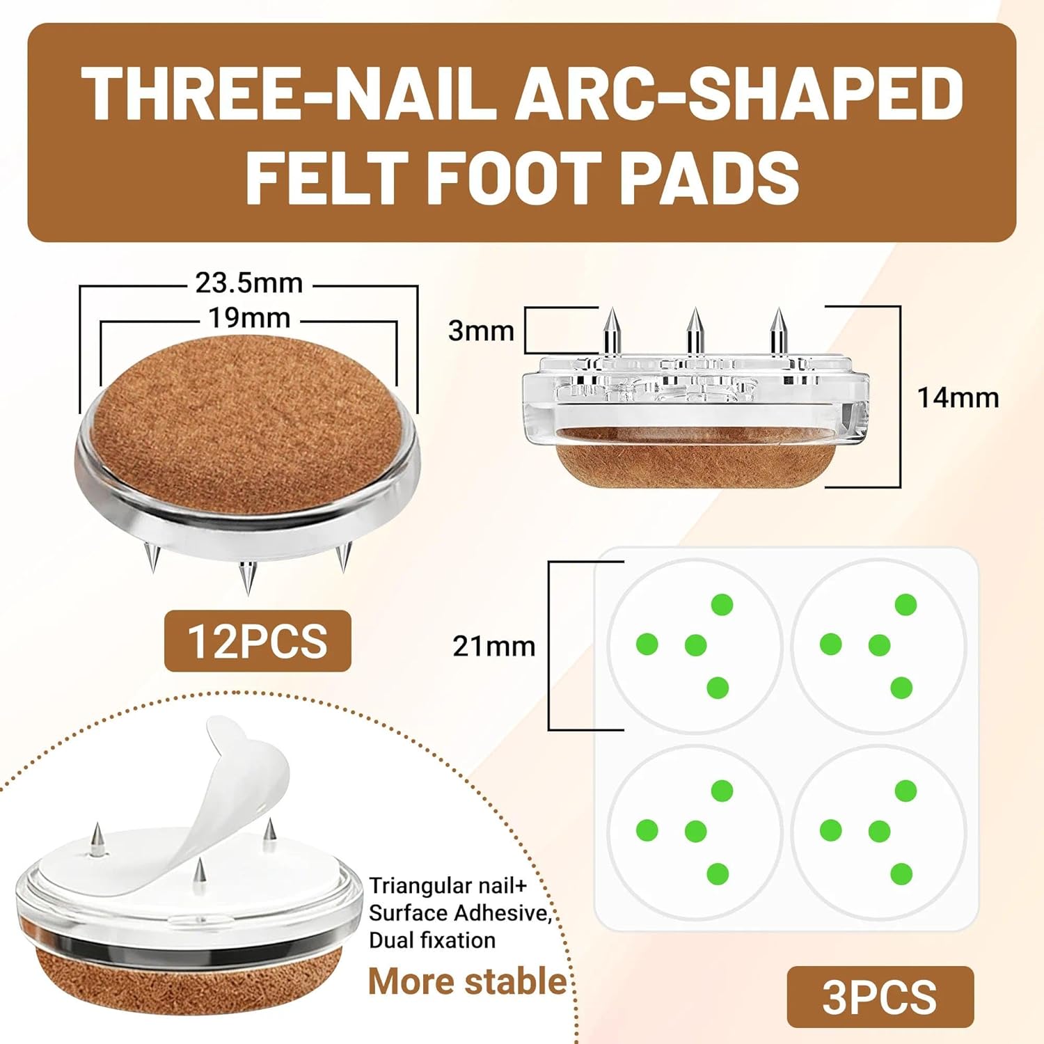Felt Pads for Chairs Felt Gliders Chair Nail Felt for Chairs with Nail - 19 mm Triple Nail System Arc Sturdy Chair Gliders Felt for Parquet Laminate Tiles Floor Protection Quiet Furniture