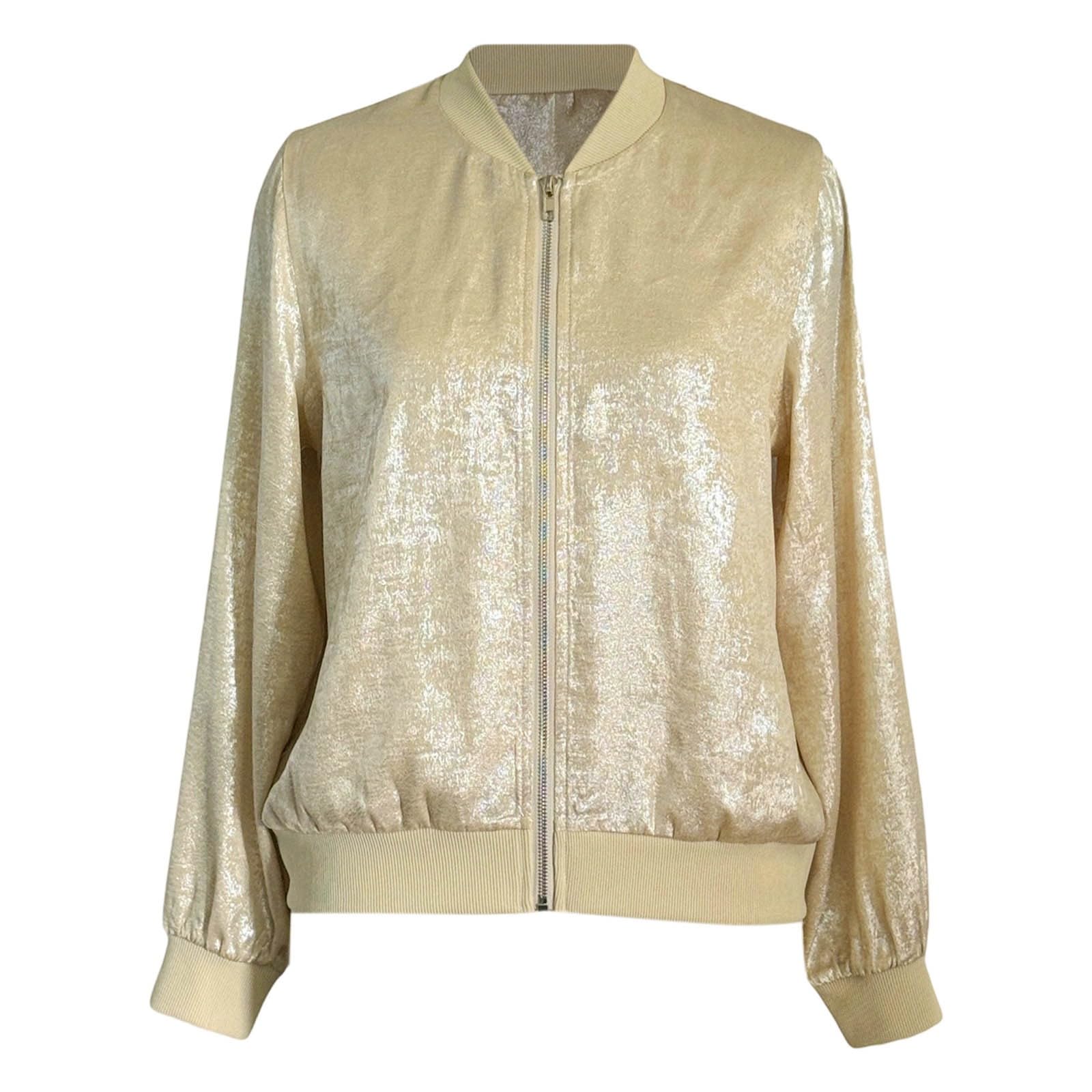 Women's Bomber Jacket with Zipper Sequin Blazer Metallic Gold Tops for Women Lightweight Coats Holiday Outfit Party Outerwear - 5