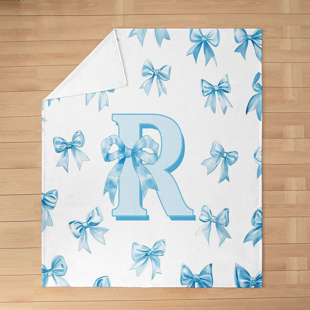 Erosebridal Cartoon Letter Bow Flannel Blanket Blue Initial Letter R Fuzzy Plush Throw Cute Kawaii Bowknot Fleece Blanket for Kids Girls Teen,Chic Bow Monogram R Decor for Bed Couch Queen 90"x90"