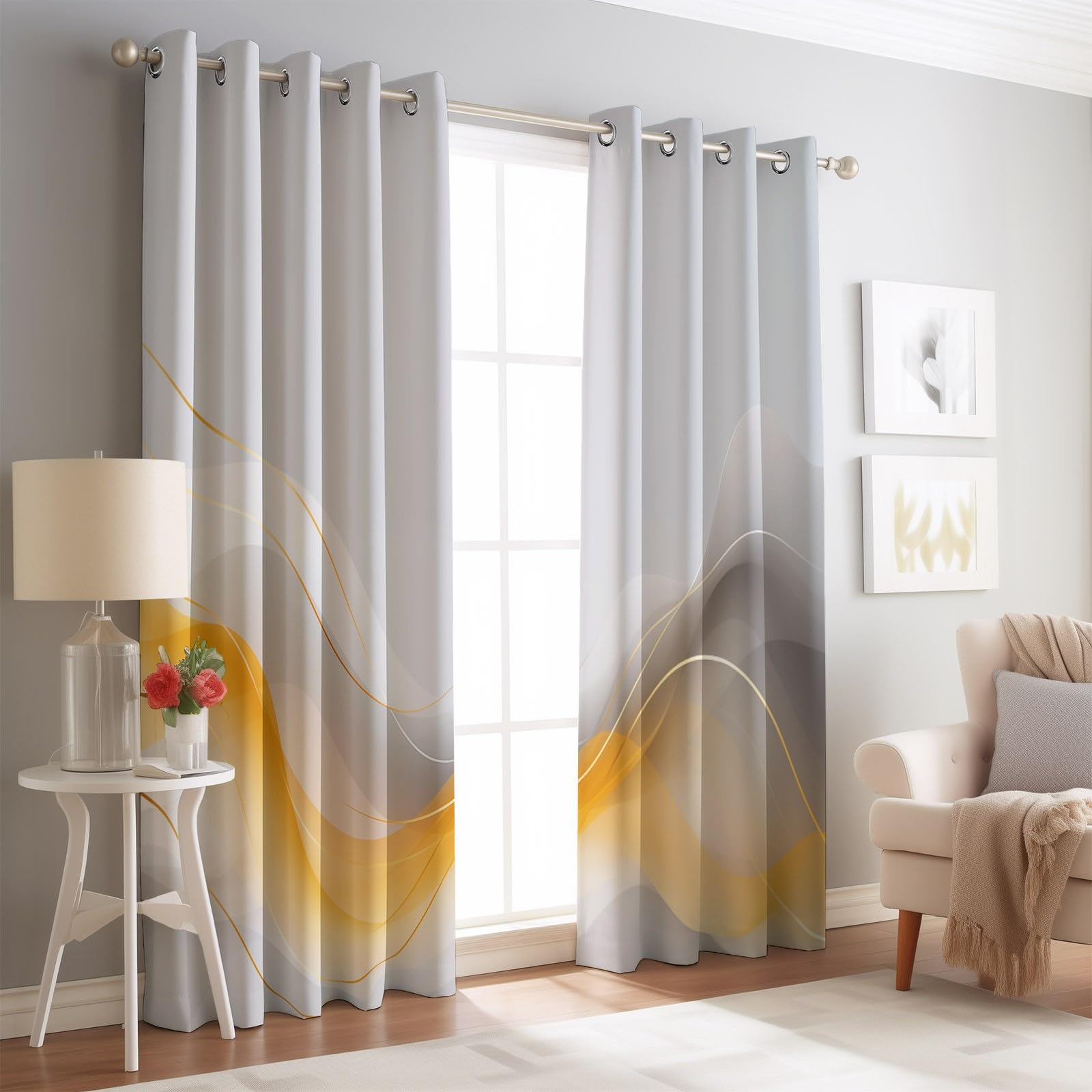 Rideaux Isolants 110L X 215H cm (2 Panneaux), Design Géométrie Simple Ondes Tenture Opaque Anti-Chaleur pour Chambre Principale, Gris Jaune