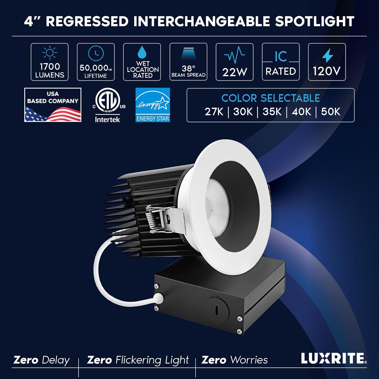 LUXRITE 4 Inch Recessed Light, Regressed Canless LED Spotlight, 5CCT 2700K-5000K, CRI90, 22W, 1700 Lumens High Output, 38º, Interchangeable Black & White Baffle Trim, Dimmable, IC & Wet Rated (4 Pack)