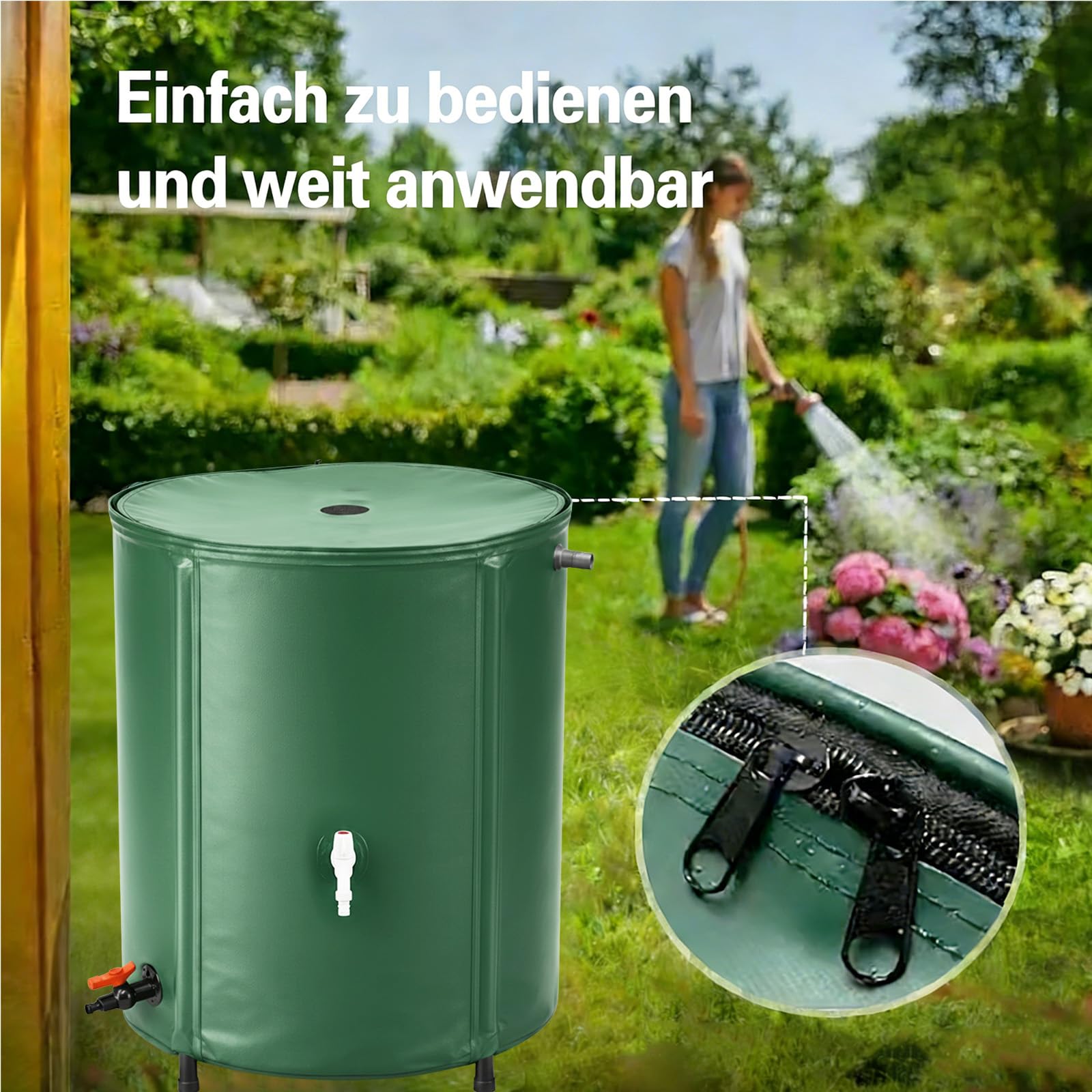 Faltbare Regentonne 250L Regenwassertank aus PVC Gartenwassertank mit Deckel, Wasserhahn, Überlaufventil Regenwassertonne Regensammler platzsparender Regenfass für Garten, Terrasse und Balkon