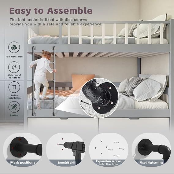 Wall Mounted Ladder4ft 5ft 6ft 7ft 8ft 9ft Black Wrought Iron Loft Bed Ladders Window Well Egress Ladder Emergency Fire Climbing Ladder for Attic,Library,Bunk Bed,Garage, L