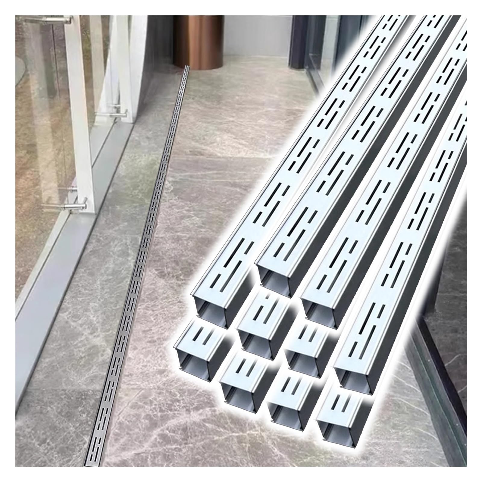 Slim Line Rów odpływowy ze stali nierdzewnej, liniowy system rynnowy do basenu, pawilonu, balkonu, łatwy zestaw instalacyjny (10 szt.)