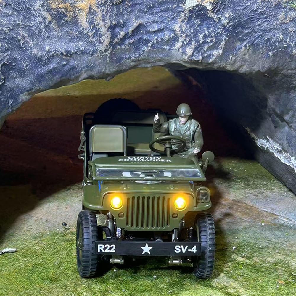 Scala 1/16 stile militare RC auto, 2.4GHz lega off-road RC arrampicata auto con luci a LED e figura soldato, modello militare Willys Jeep per gli appassionati