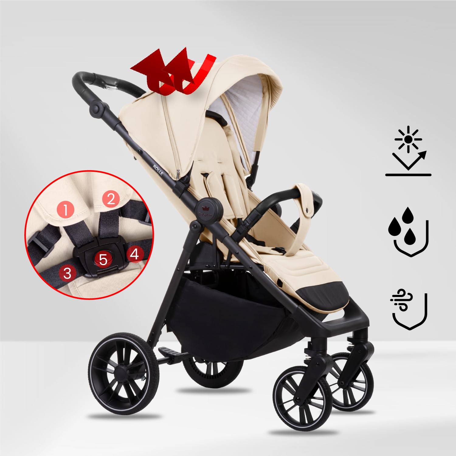 Babylux Passeggino Leggero da Viaggio ROLLE con Funzione Reclinabile, Sand | Passeggino Pieghevole, Manubrio Telescopico, Ripiegabile In Modo Compatto, Borsa Per Pannolini E Viaggio E Altri Accessori