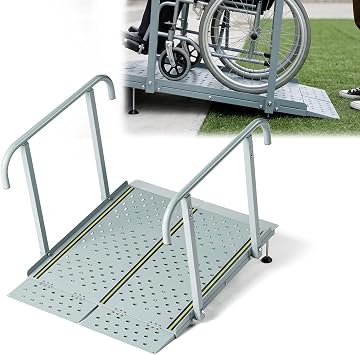 Portable Wheelchair Ramp with Handrails, Carbon Steel Handicap Ramp for Home Steps, Stairs, Porches, Folding Threshold Ramp for 3-10" Rise, Non-Slip Surface & Safety Rails, 770 lb Capacity